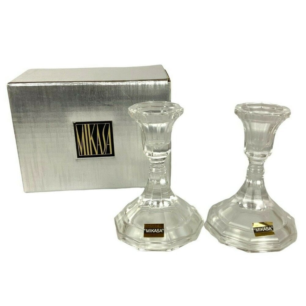 Mikasa Strasbourg Candlestick Pair Clear Crystal Original Box Japan RPW04/339